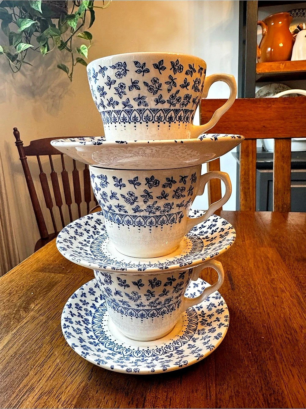 English ironstone Rose Chintz Floral Blue & White cup and saucers Set of 3